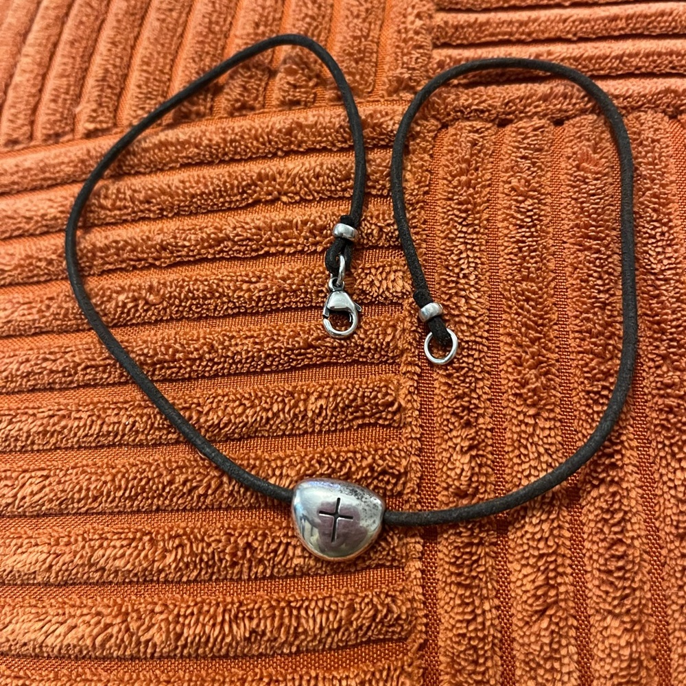 Retired James Avery Sterling Silver Shield Faith Slide Pendant Leather Necklace
